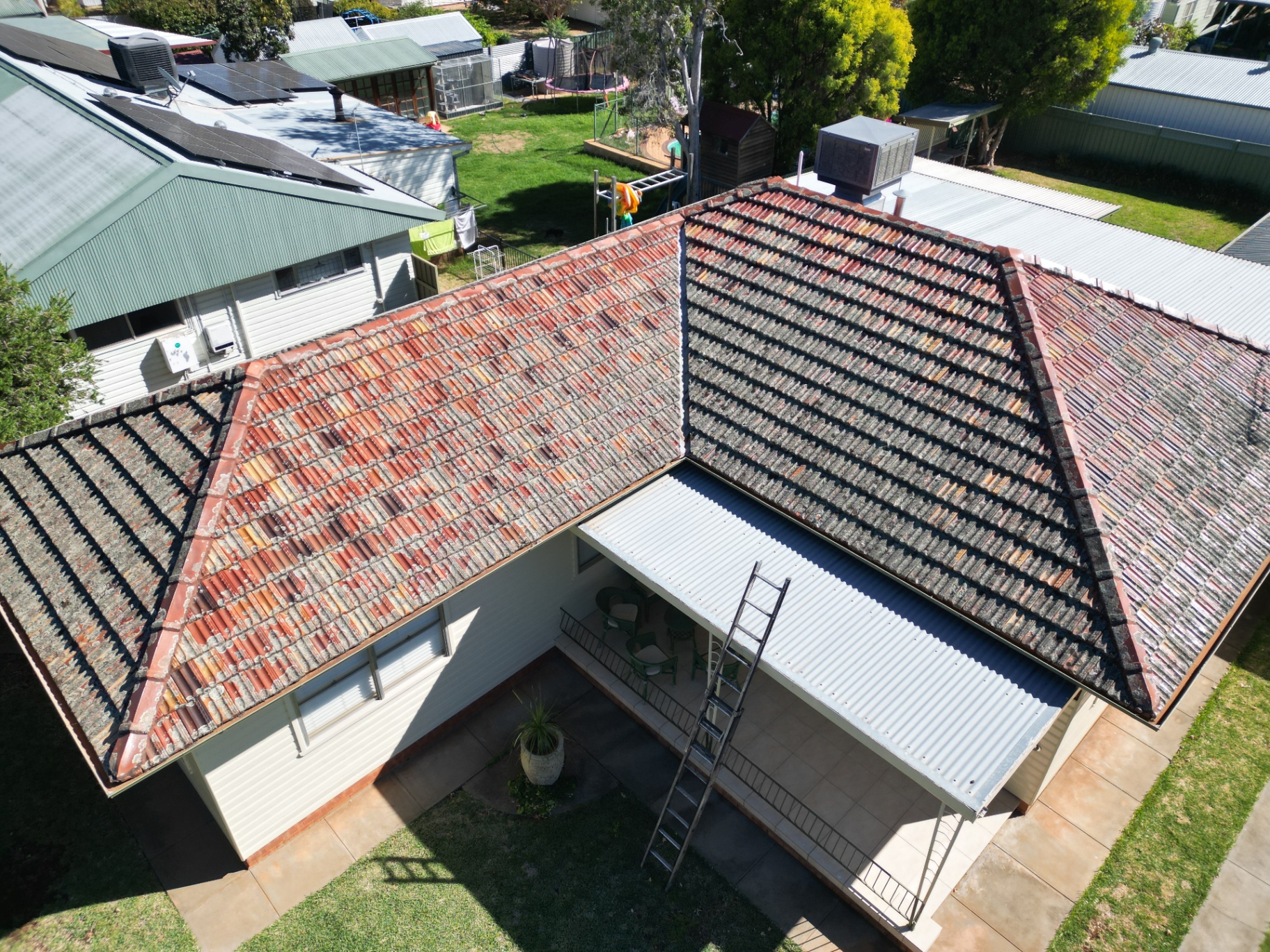 Aerial of a Lichen-Covered Terracotta Tile Roof Before Restoration