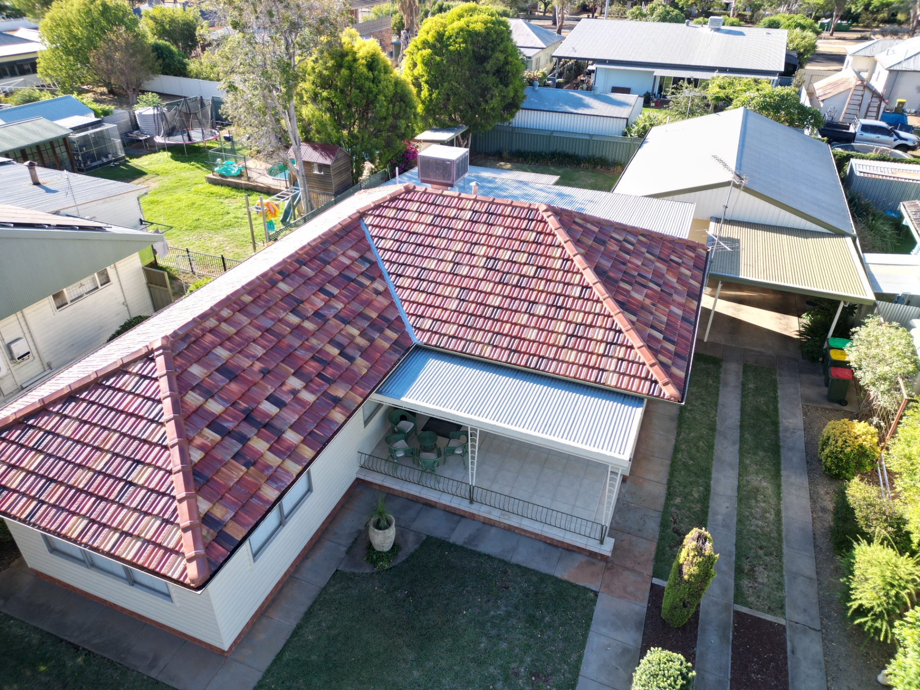 Aerial of a Restored Terracotta Red Tile Roof on a Weatherboard Cottage in Tamworth